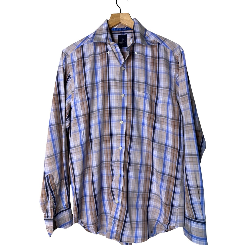 Tailorbyrd Collection Mens Blue Tan Plaid 100% Cotton Long Sleeve Shirt‎ Size M